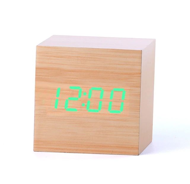 Digital Wood Cube Clock – LED Display with Sound Control