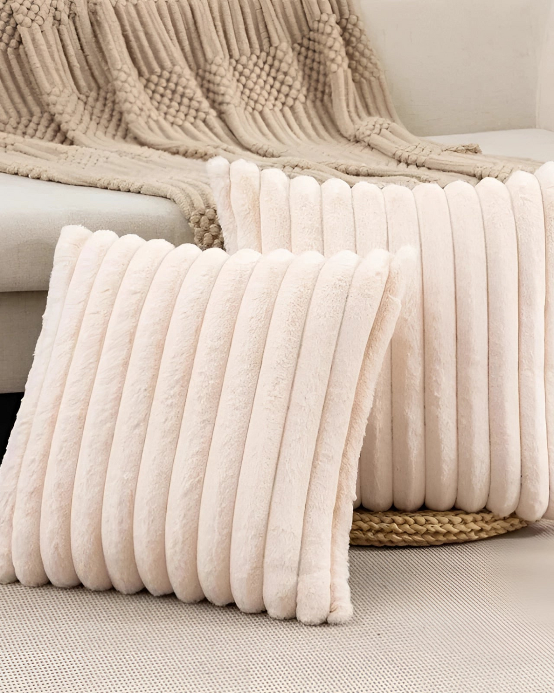 Ribbed Plush Cushion Set – Soft Velvet Sofa Pillow Covers
