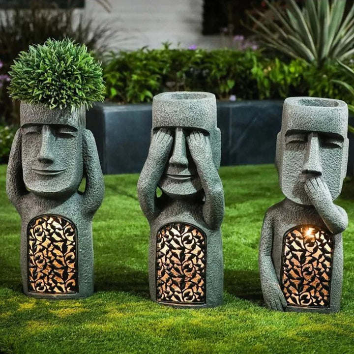 Solar Resin Moai Garden Statue with Planter & LED Light