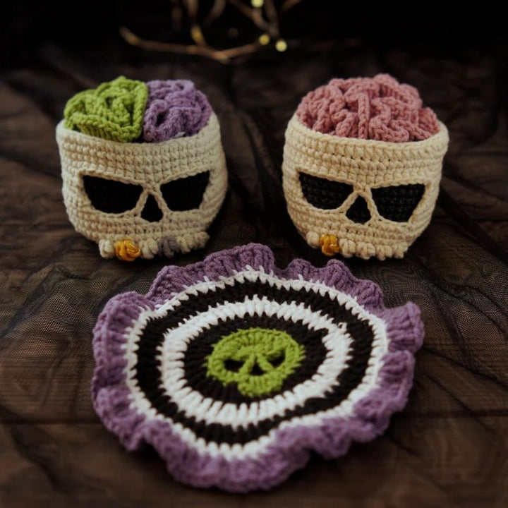 Haunted Skull Crochet Coaster Set – Handcrafted Halloween Table Decor