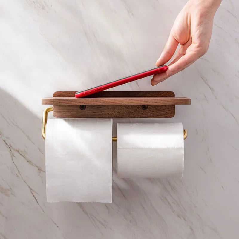 Wall-Mounted Walnut Toilet Roll Holder with Shelf