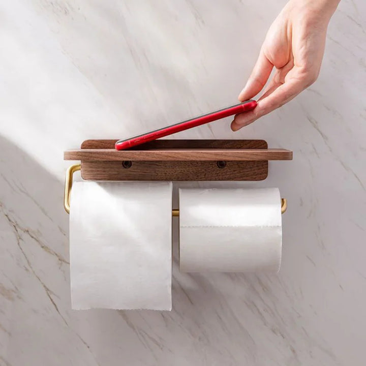 Wall-Mounted Walnut Toilet Roll Holder with Shelf