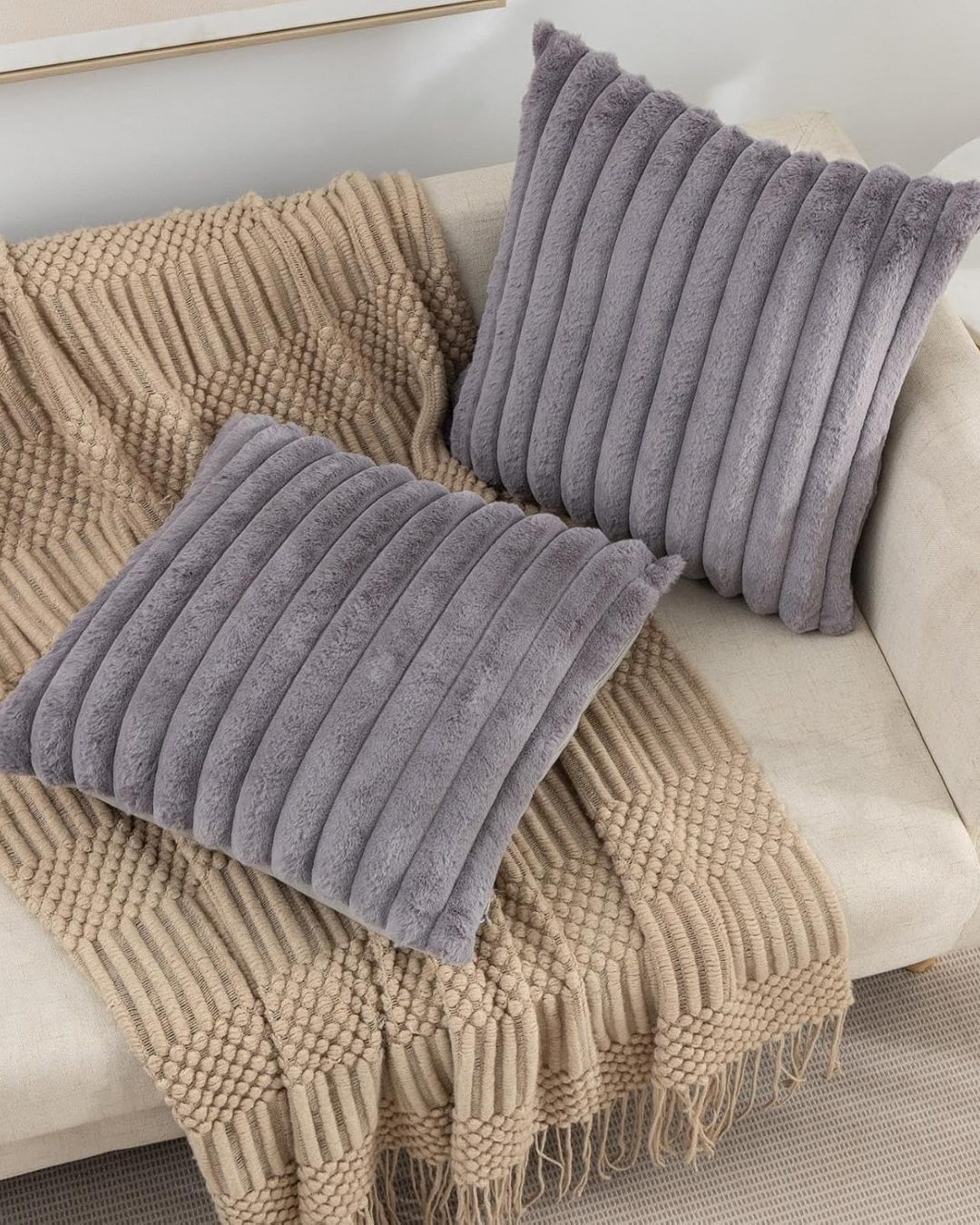 Ribbed Plush Cushion Set – Soft Velvet Sofa Pillow Covers