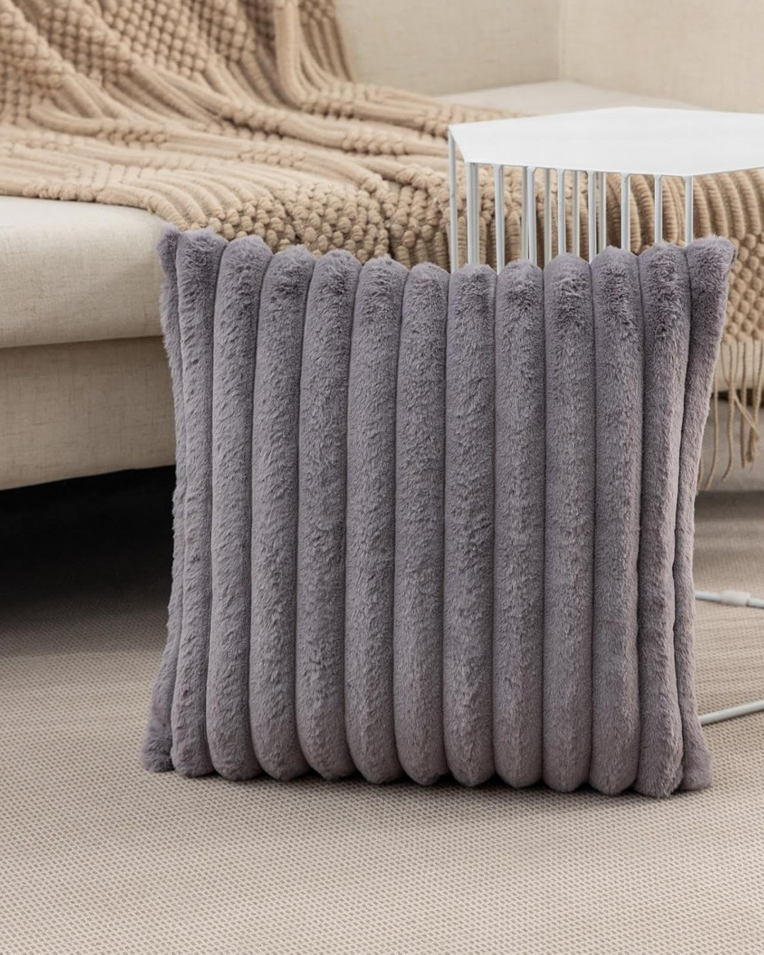 Ribbed Plush Cushion Set – Soft Velvet Sofa Pillow Covers