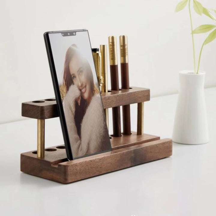 Solid Walnut Wood Desk Organizer – Multi-Slot Pen Stand with Phone Holder for Minimalist Workspaces