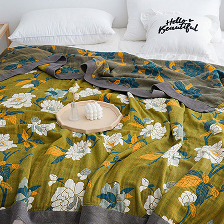 Olive Floral Cotton Woven Quilt