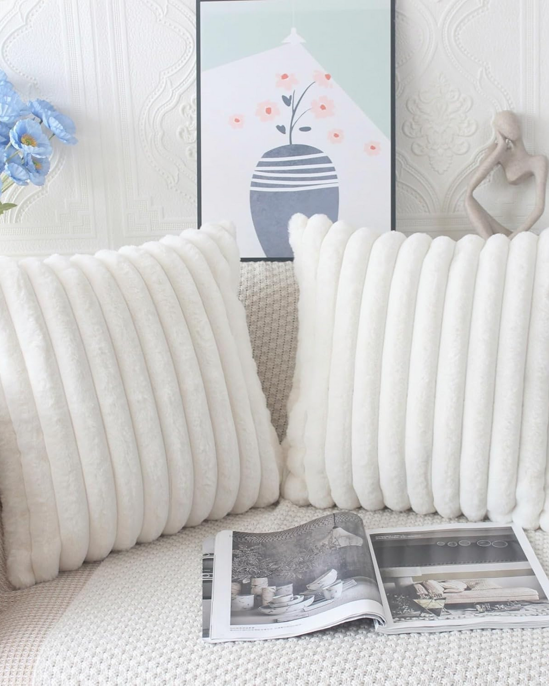 Ribbed Plush Cushion Set – Soft Velvet Sofa Pillow Covers