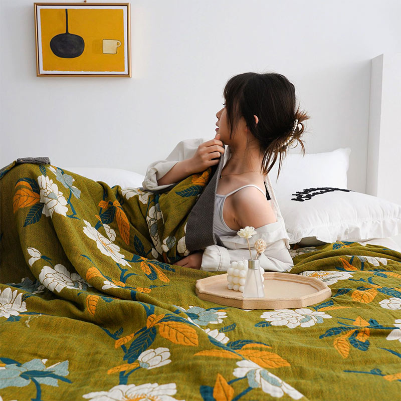 Olive Floral Cotton Woven Quilt