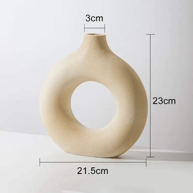 Modern Sculpted Ring Vase – Matte Ceramic Circle Vase for Minimalist & Scandinavian Decor