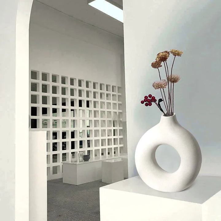 Modern Sculpted Ring Vase – Matte Ceramic Circle Vase for Minimalist & Scandinavian Decor