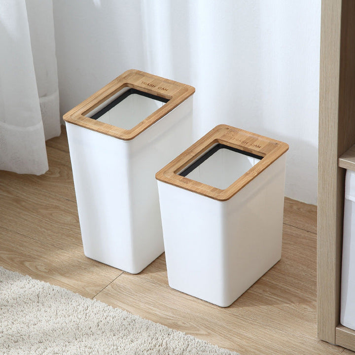 Square White Waste Bin with Bamboo Lid
