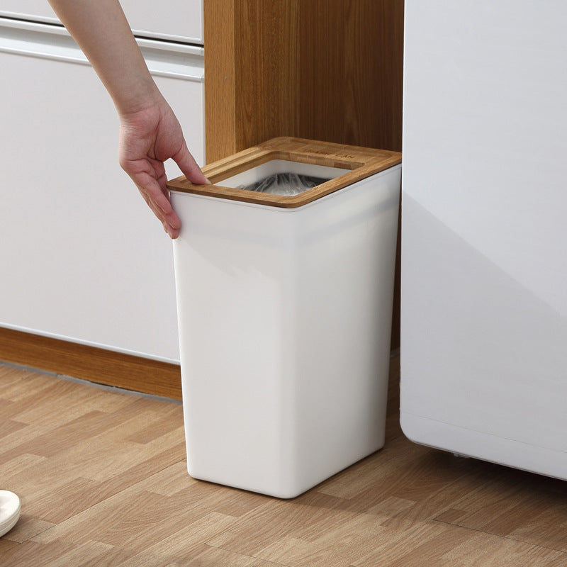 Square White Waste Bin with Bamboo Lid