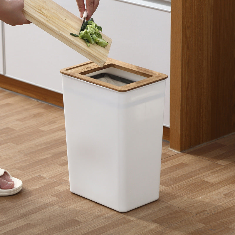 Square White Waste Bin with Bamboo Lid