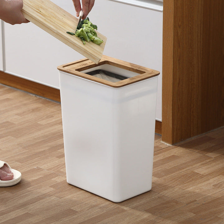 Square White Waste Bin with Bamboo Lid