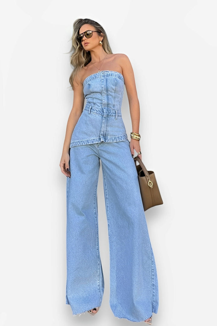 Strapless Wide-Leg Denim Jumpsuit