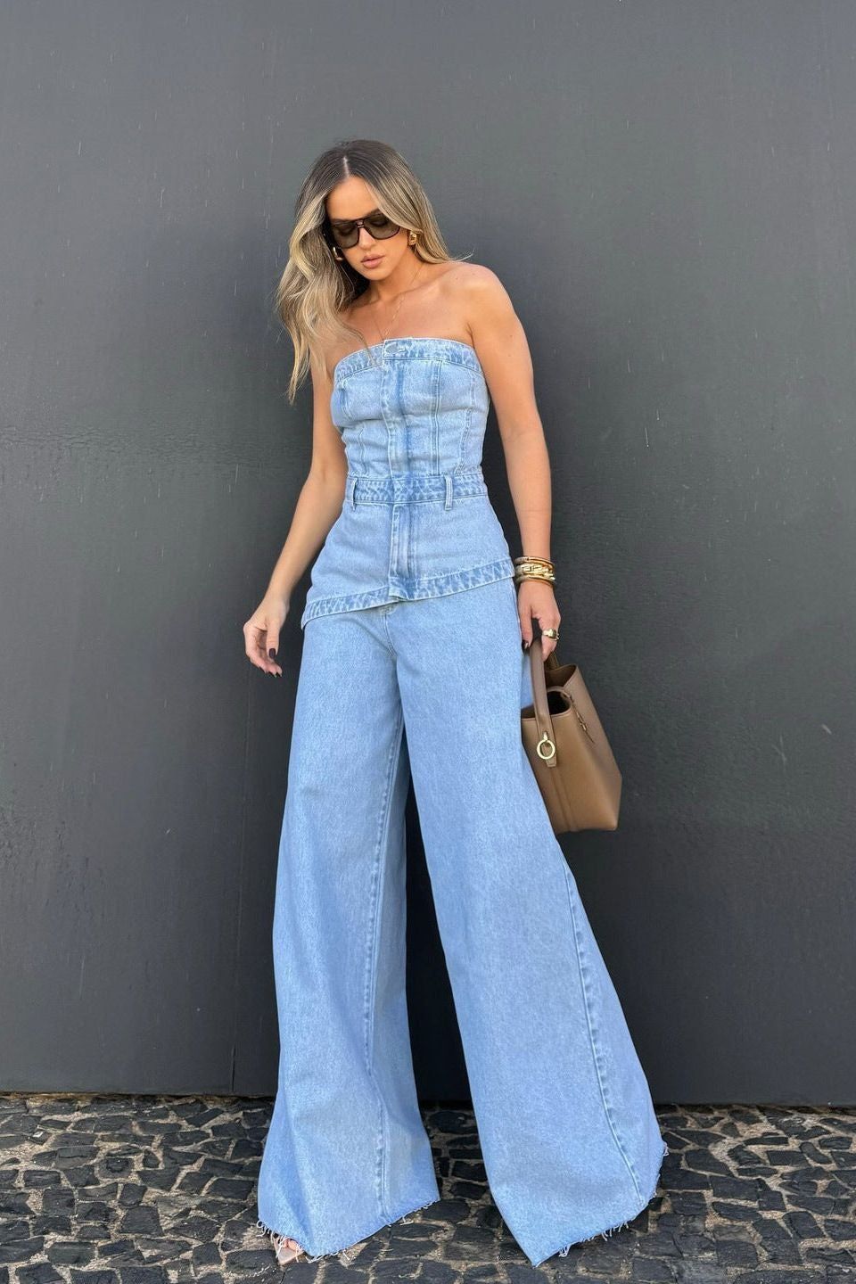 Strapless Wide-Leg Denim Jumpsuit