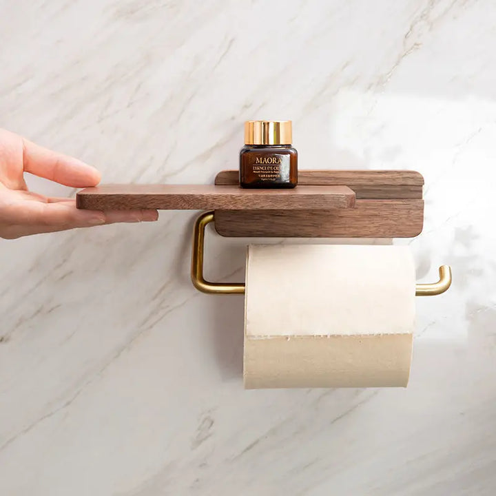Wall-Mounted Walnut Toilet Roll Holder with Shelf