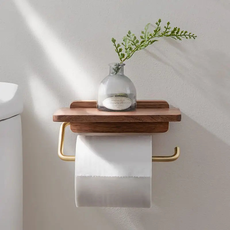 Wall-Mounted Walnut Toilet Roll Holder with Shelf
