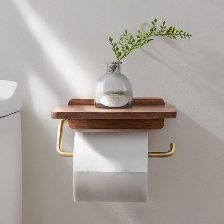 Wall-Mounted Walnut Toilet Roll Holder with Shelf