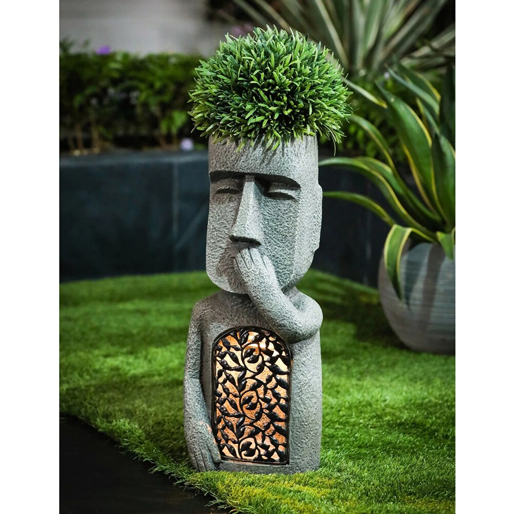 Solar Resin Moai Garden Statue with Planter & LED Light