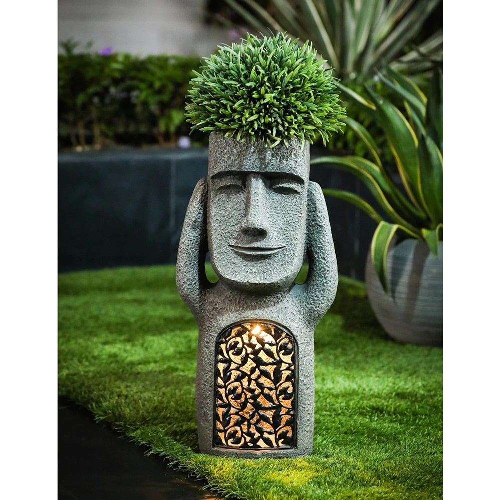 Solar Resin Moai Garden Statue with Planter & LED Light