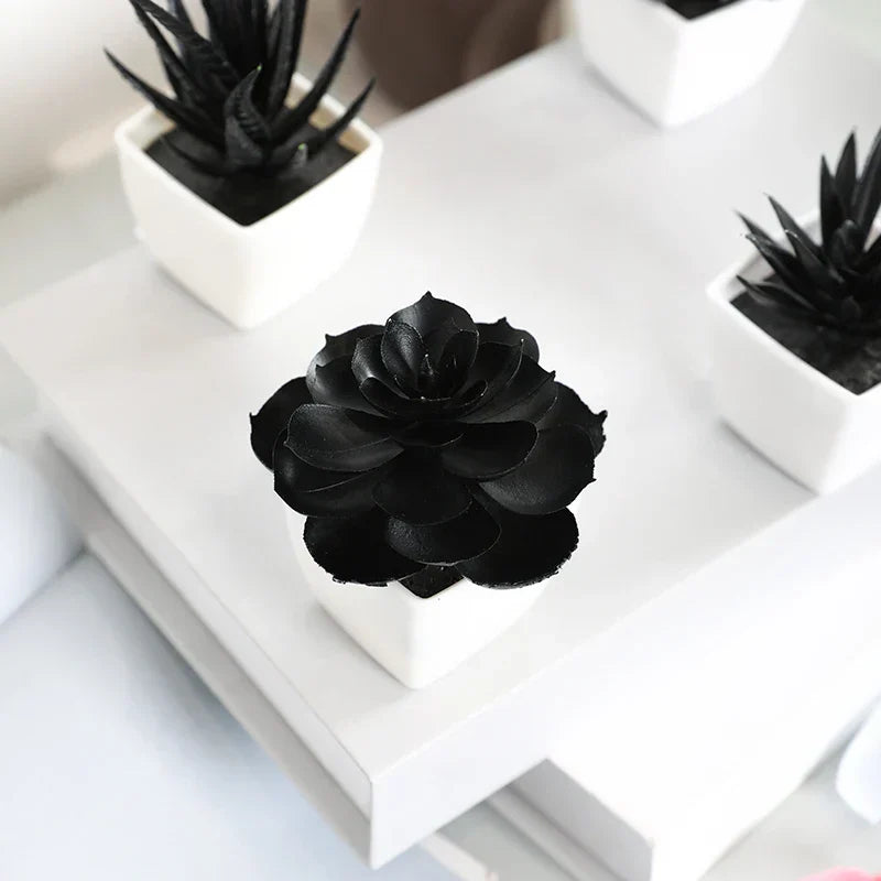 Black Faux Succulent in Geometric Pot – Minimalist Artificial Plant for Desk, Shelf & Modern Decor