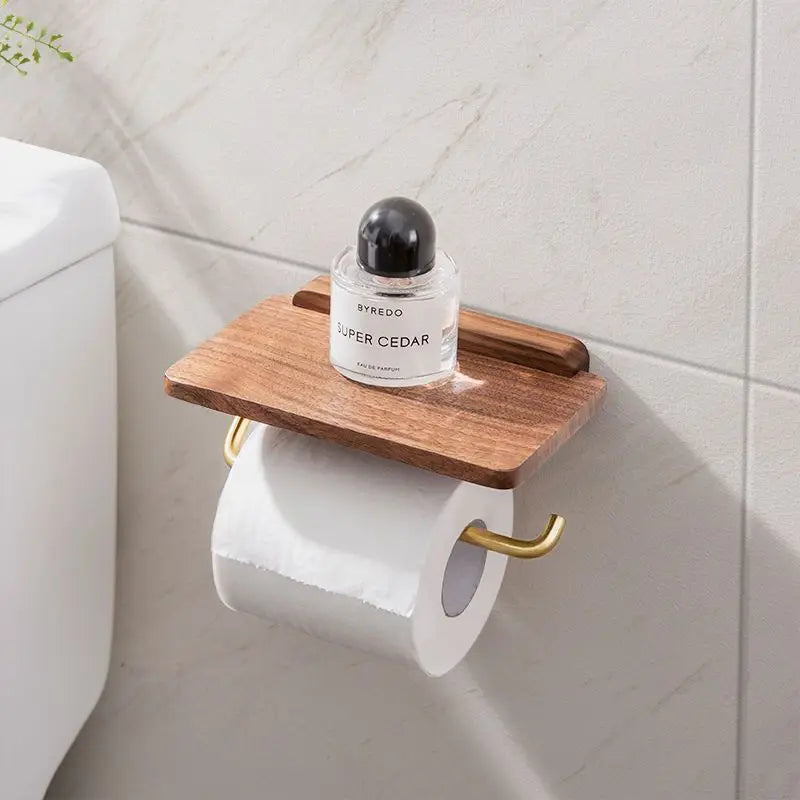 Wall-Mounted Walnut Toilet Roll Holder with Shelf