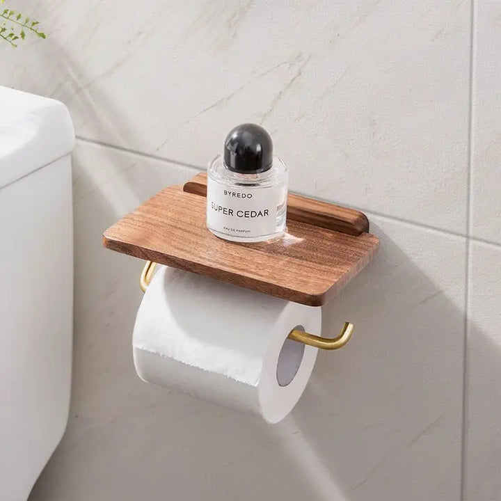 Wall-Mounted Walnut Toilet Roll Holder with Shelf