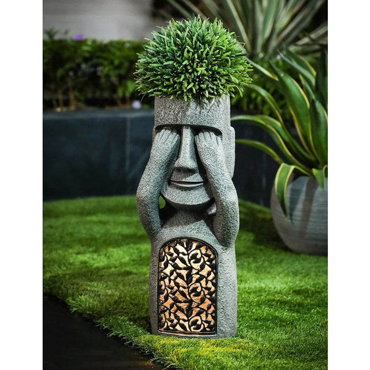 Solar Resin Moai Garden Statue with Planter & LED Light
