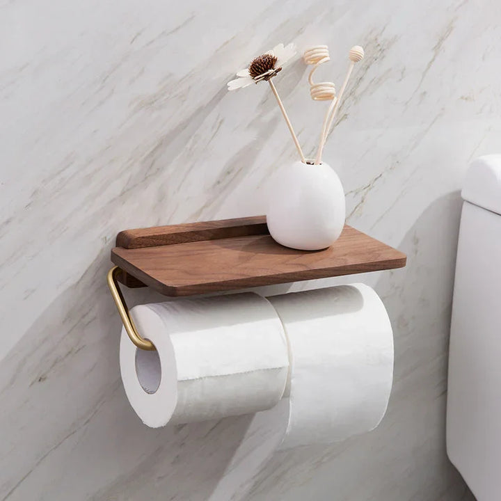 Wall-Mounted Walnut Toilet Roll Holder with Shelf