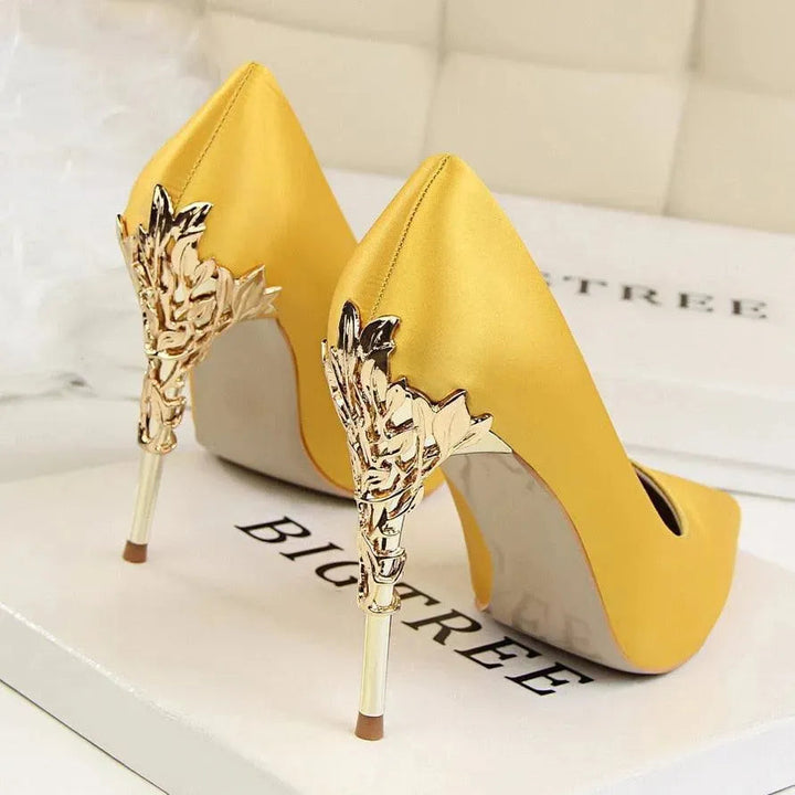Elegant Satin Pumps with Sculpted Floral Metal Stiletto Heel