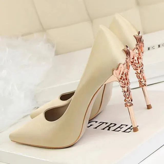 Elegant Satin Pumps with Sculpted Floral Metal Stiletto Heel