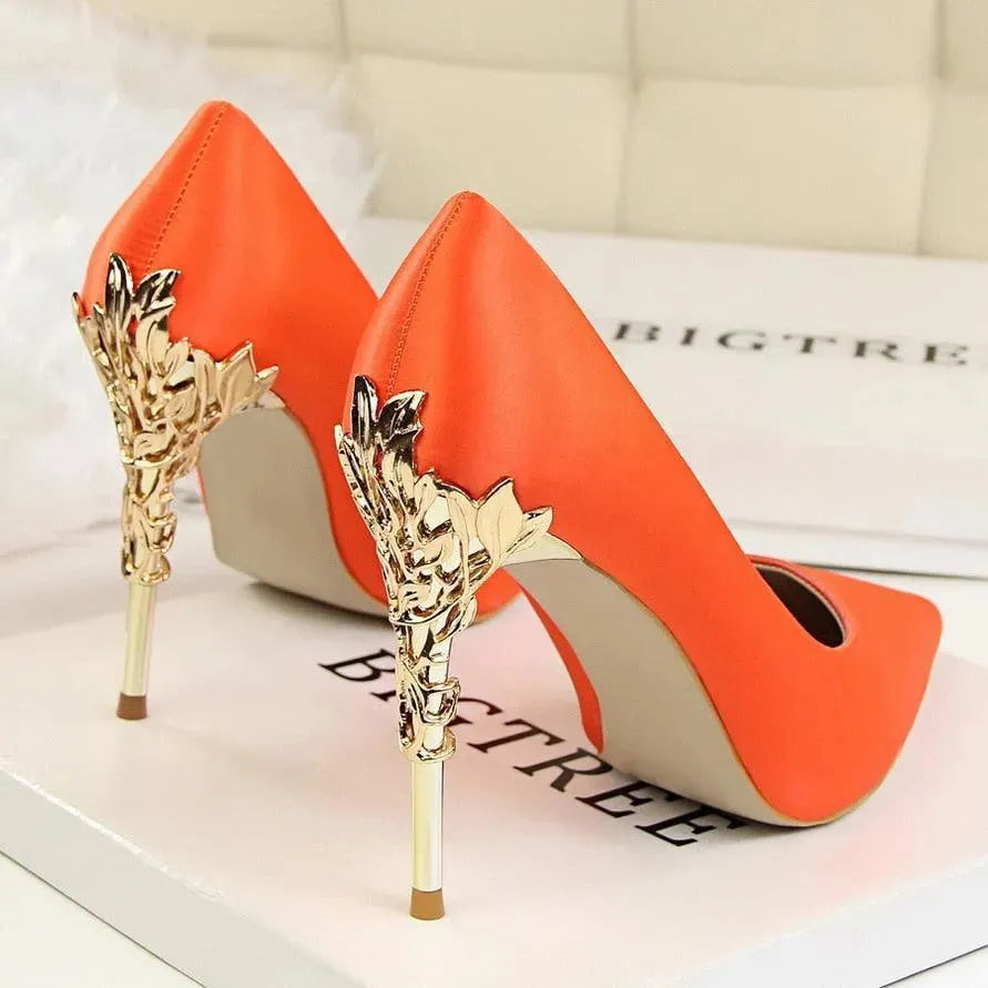 Elegant Satin Pumps with Sculpted Floral Metal Stiletto Heel