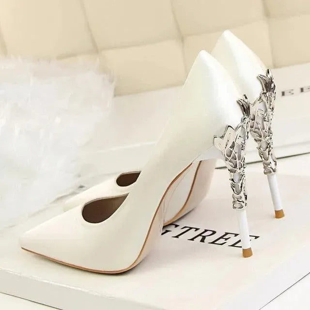 Elegant Satin Pumps with Sculpted Floral Metal Stiletto Heel