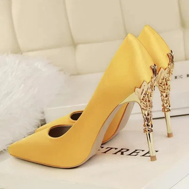 Elegant Satin Pumps with Sculpted Floral Metal Stiletto Heel