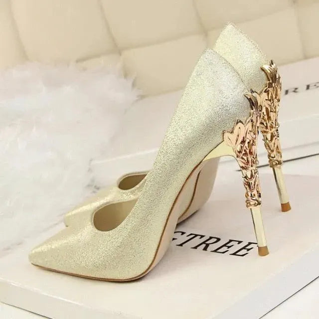 Elegant Satin Pumps with Sculpted Floral Metal Stiletto Heel