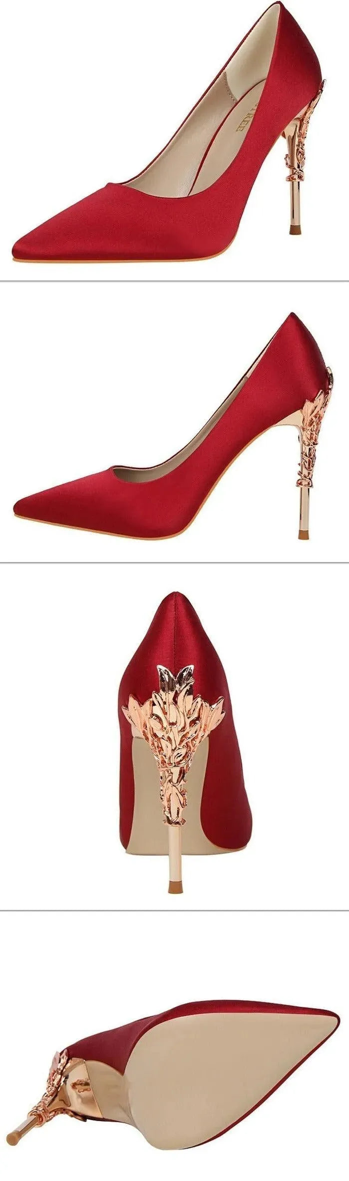 Elegant Satin Pumps with Sculpted Floral Metal Stiletto Heel