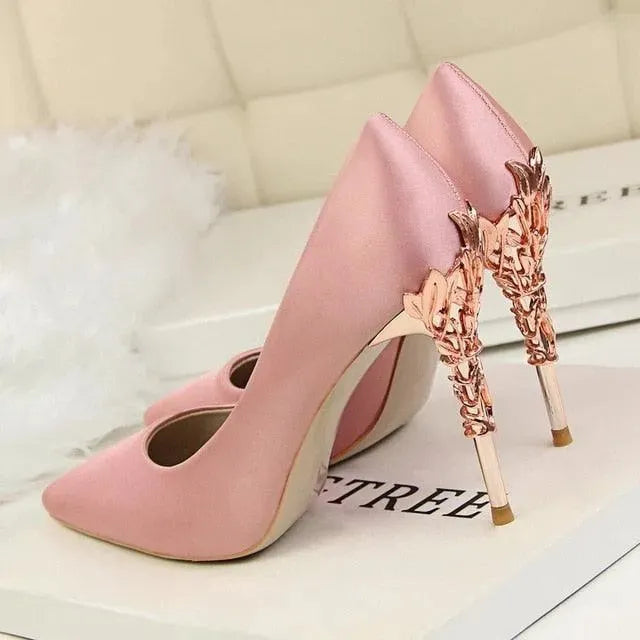 Elegant Satin Pumps with Sculpted Floral Metal Stiletto Heel
