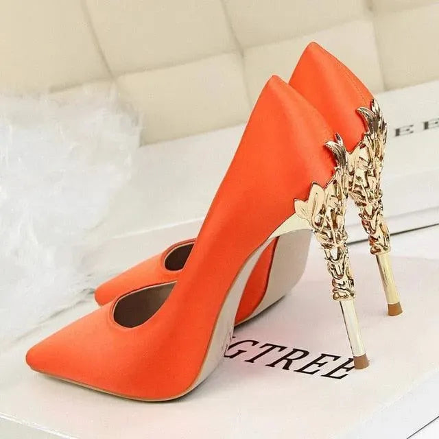 Elegant Satin Pumps with Sculpted Floral Metal Stiletto Heel