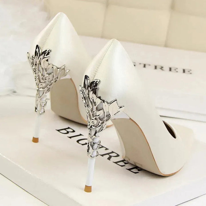 Elegant Satin Pumps with Sculpted Floral Metal Stiletto Heel