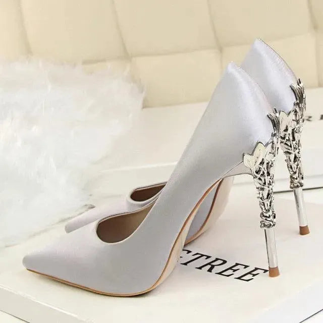 Elegant Satin Pumps with Sculpted Floral Metal Stiletto Heel