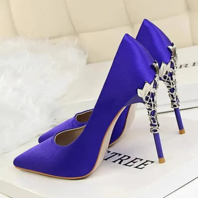 Elegant Satin Pumps with Sculpted Floral Metal Stiletto Heel