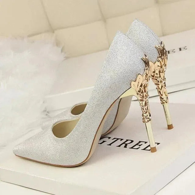 Elegant Satin Pumps with Sculpted Floral Metal Stiletto Heel