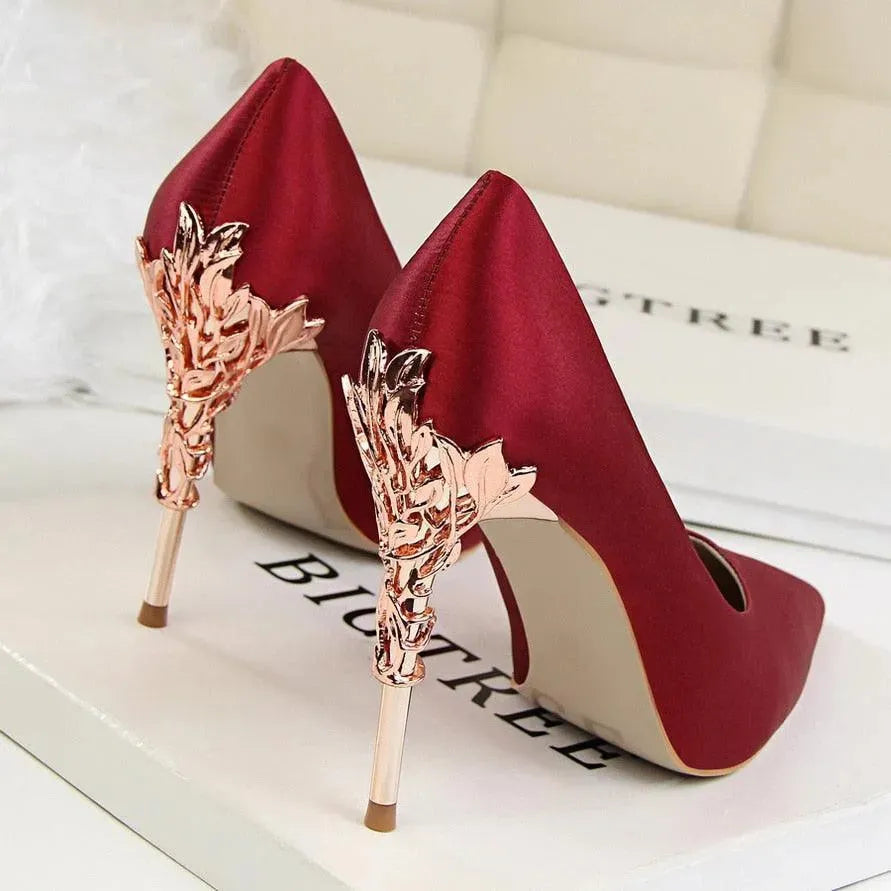 Elegant Satin Pumps with Sculpted Floral Metal Stiletto Heel
