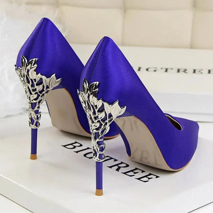 Elegant Satin Pumps with Sculpted Floral Metal Stiletto Heel