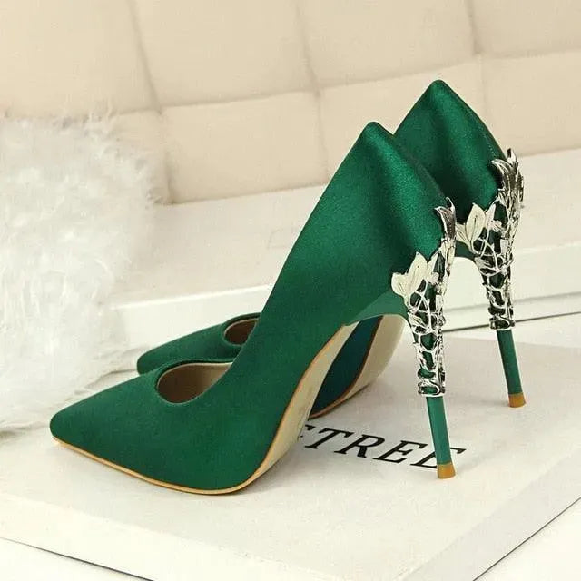 Elegant Satin Pumps with Sculpted Floral Metal Stiletto Heel