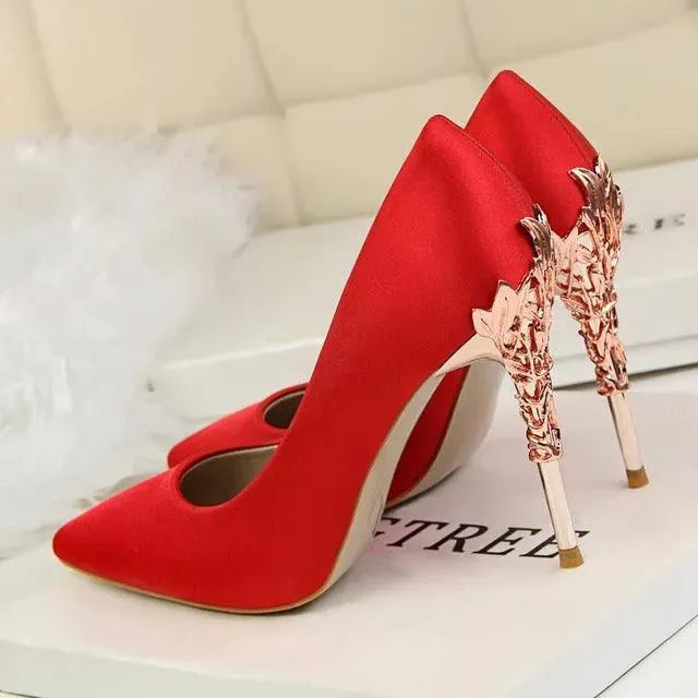 Elegant Satin Pumps with Sculpted Floral Metal Stiletto Heel