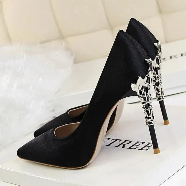 Elegant Satin Pumps with Sculpted Floral Metal Stiletto Heel