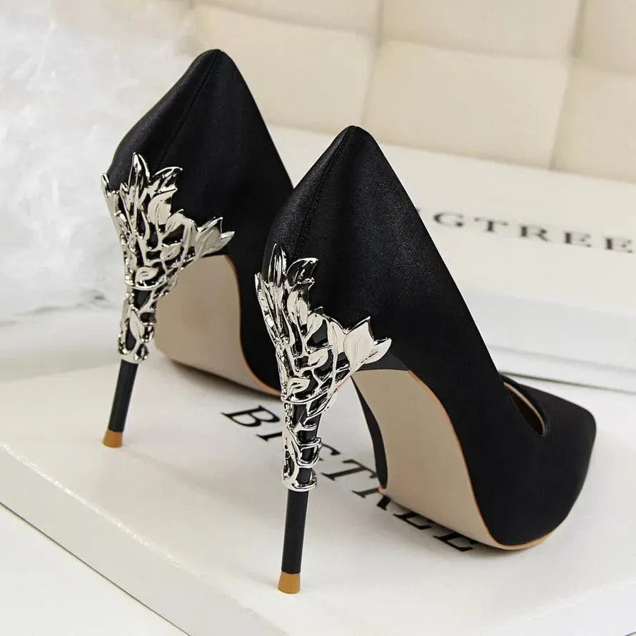 Elegant Satin Pumps with Sculpted Floral Metal Stiletto Heel