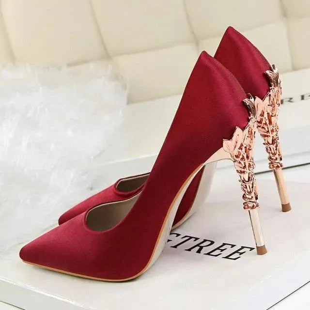 Elegant Satin Pumps with Sculpted Floral Metal Stiletto Heel